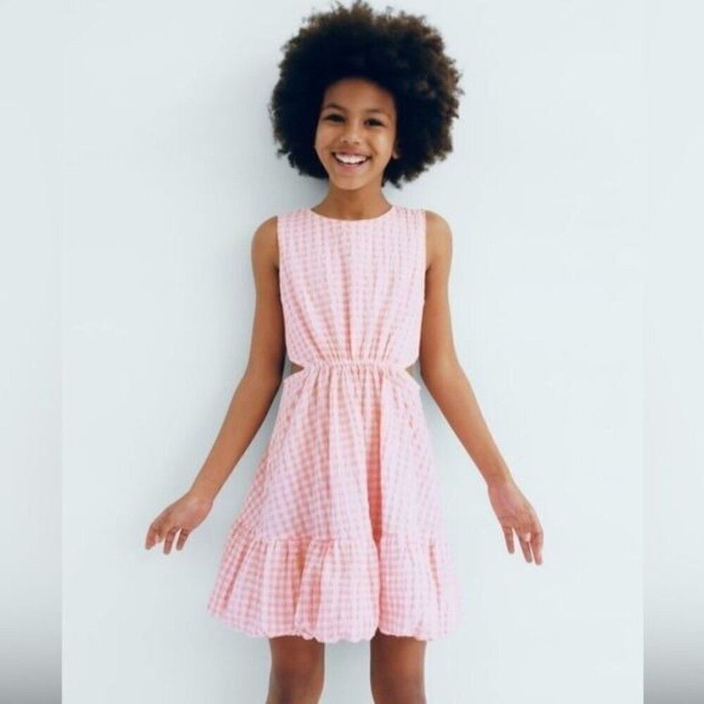 Zara Girls Pink Gingham Seersucker Cutout‎ Dress